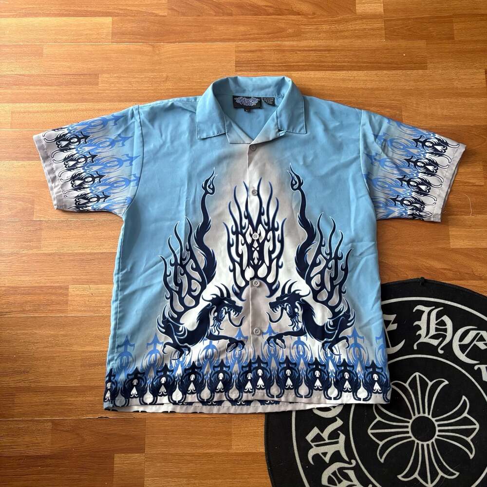 Silver Point Vintage Y2K Blue Dragon Tribal Flame Button Down Shirt